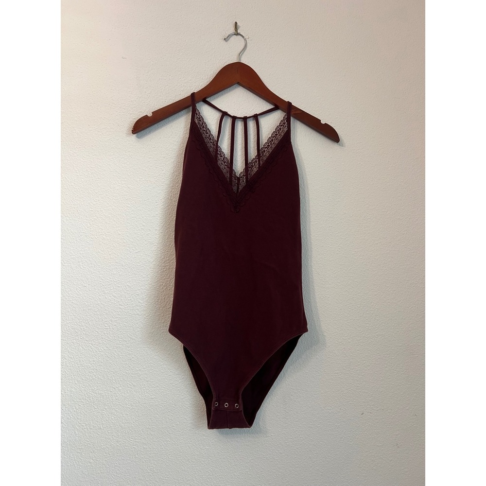Abercrombie & Fitch Bodysuit Burgundy Lace Trim‎ Halter Sleeveless Casual